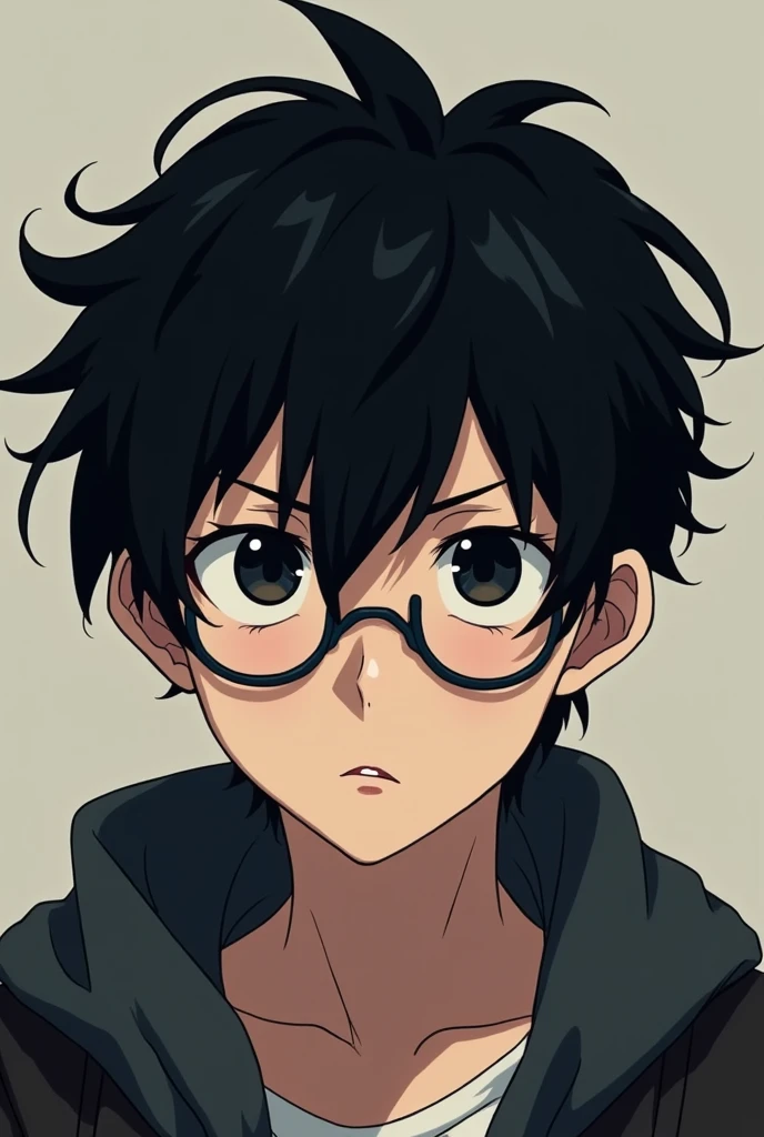 Anime , male ,18 year, black hair , circle glasses messy hair , black eye , sleepy face , dead stare