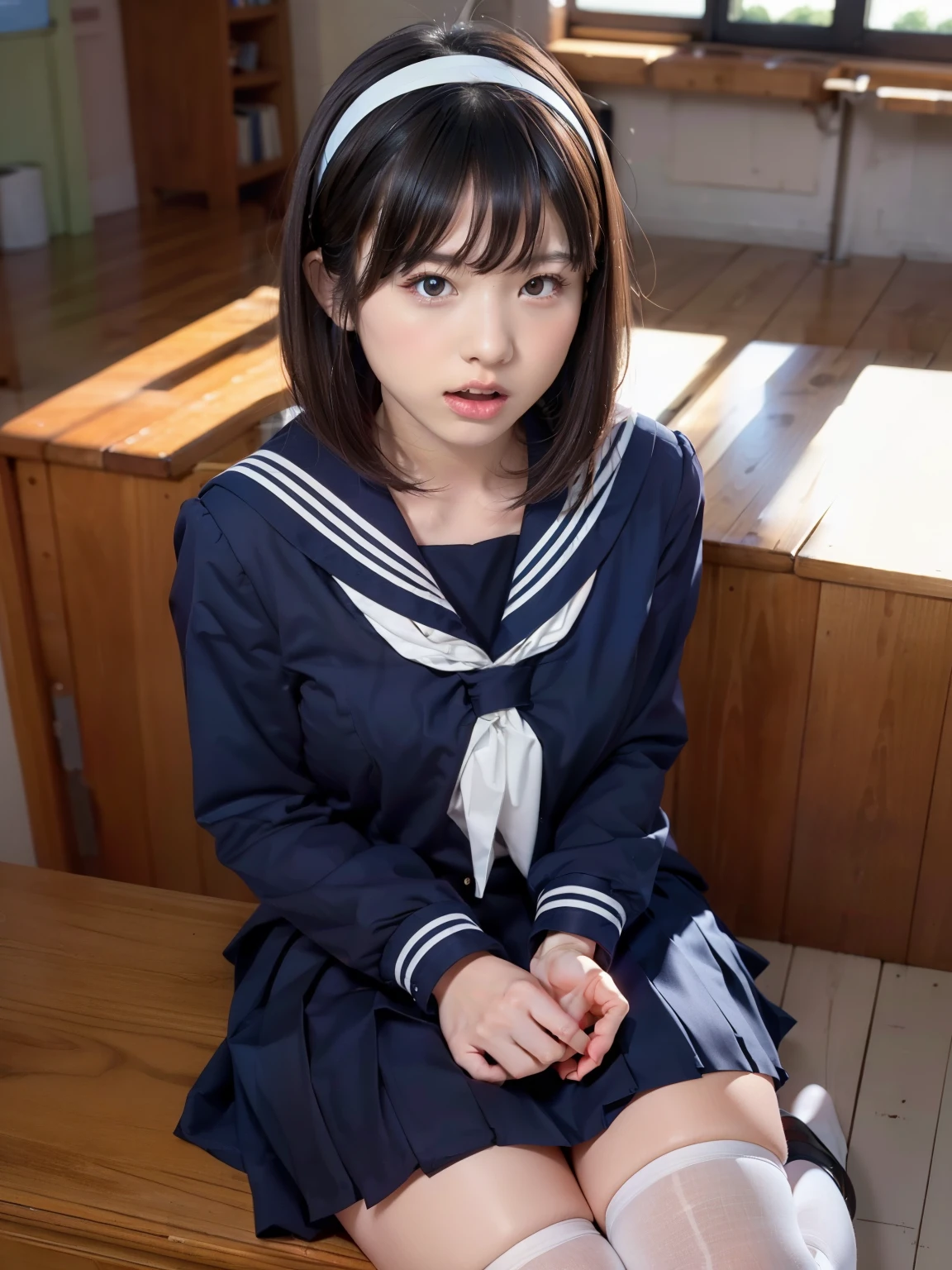 sailor suit, 8k, highest quality, masterpiece, Super detailed, ultra high resolution, realistic, RAW photo, absolute resolution, face is small compared to body, very small face, black hair, navy blue sailor uniform, Dark blue skirt, 3D rendering, realistic young school girl, ((white headband)), small breasts, expensive, slanted eyes, (school scenery), black stockings, open your mouth, bob cut, position looking down from above,