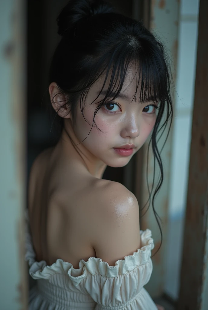 Realistic glowing skin, (発Sweat:1.8),Stand backwards,Look back at your face,Always look at the camera,(発Sweat:1.8),(Beautiful nipples in real life:1.6),,(whole body:1.9),(発Sweatしたリアルな白い肌:1.9),White socks, (Black leather shoes:1.8),
,Cold look,Cold Stare,Black Hair,short hair,Tie your hair short,Silky translucent white skin,,(Very detailed美しい顔), Great face and eyes, (Highest quality:1.4), (Very detailedな), (Very detailed CG 統合 8k 壁紙), Very detailed, High resolution raw color photos, Professional photography, Realistic portrait,Sweat,,(A Cup:1.9),(Flat Chest:1.9),(Very small breasts:1.9),(Breast augmentation:0.1),(Small breasts beginning to swell:1.9),(Breasts during puberty:1.9),
, (少女のwhole bodyの詳細なRAW写真), Canon EOS R5 250mm, Sharp focus, Cinema Lighting,  (No makeup:1.2), Fine skin, Delicate collarbone,,(Ultra-high resolution:1.6), (Realistic:1.6),,(Japanese junior high school girls:1.9),(whole body:1.8),(Sweatが滴る肌:1.9),(Black pleated skirt for the lower body only:1.9),(Sweatで滲んだ肌:1.9),(Age is :1.9),(Raise one hand above your head:2),(Topless:1.9),Height is 155cm,Non-erect, thin nipples,very small nipples,Natural nipples,Real girl nipples,Not disgusting nipples、 (Armpit hair just starting to grow:1.9),(sit cross-legged:1.9),Sitting cross-legged,