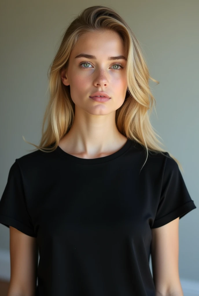 Blonde woman in plain black cotton t-shirt