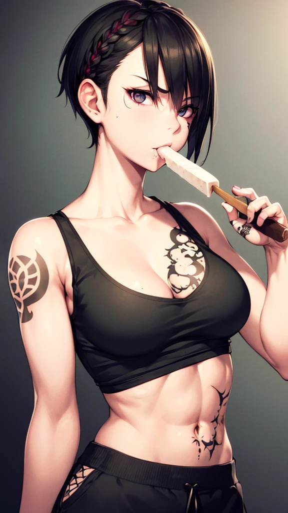 A girl wearing a ripped black tank top, monocle, tattoo on left arm, short hair with a braid, sweatpants, eating an ice cream popsicle, detailed facial features, hyperrealistic, highly detailed, dramatic lighting, cinematic, vibrant colors, 8k, HDR, photorealistic, professional digital art