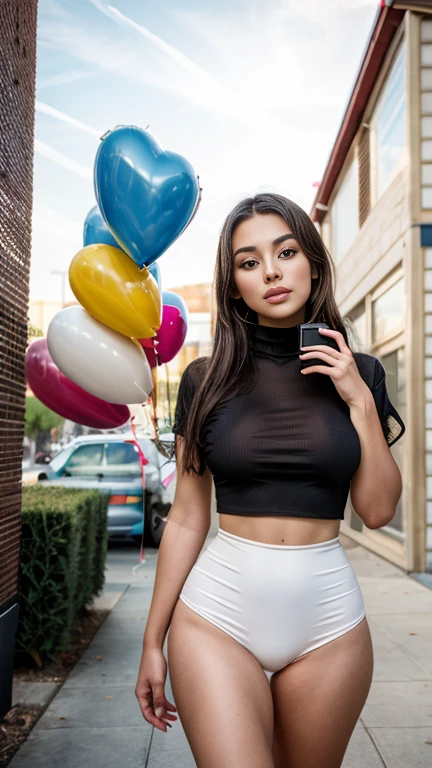 masterpiece, best quality, highly detailed background, perfect lightingbest quality,fashion portrait photo of beautiful young woman from the 60s wearing a red turtleneck standing in the middle of a ton of white balloons, taken on a hasselblad medium format camera. Super tight clothes. Minimal clothes. hot cute 1 girl. cute and perfect face. symmetrical face. detailed face. detailed hair
