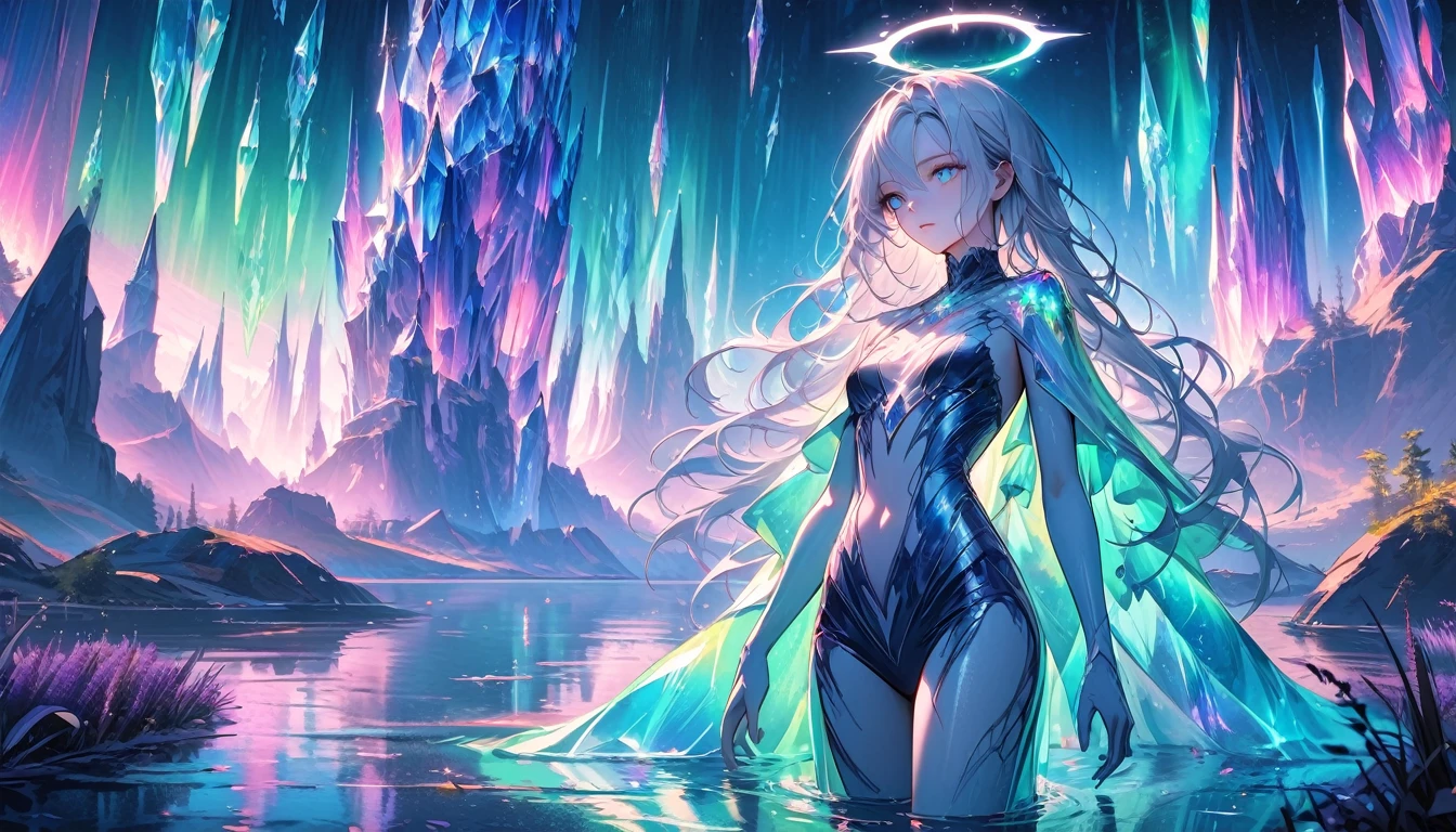 solo, female, statuesque figure, silver hair, long hair, billowing emerald robes growing from her skin, luminescent iridescent gemstones, gemstone on shoulder, glowing blue eyes, vast crystal structures, blue sky, calm lake, walking on water, calm expression, glowing silver halo, otherworldly landscape, aurora borealis, patter iris, magic, tiny waist, floating, crystal hair, glass skin, ethereal being, lonely, close up