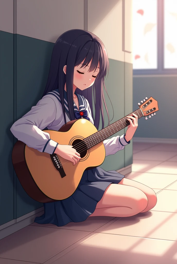 Pretty anime girl in school uniform with long dark hair with eyes closed sitting on the floor sideways playing a guitar.