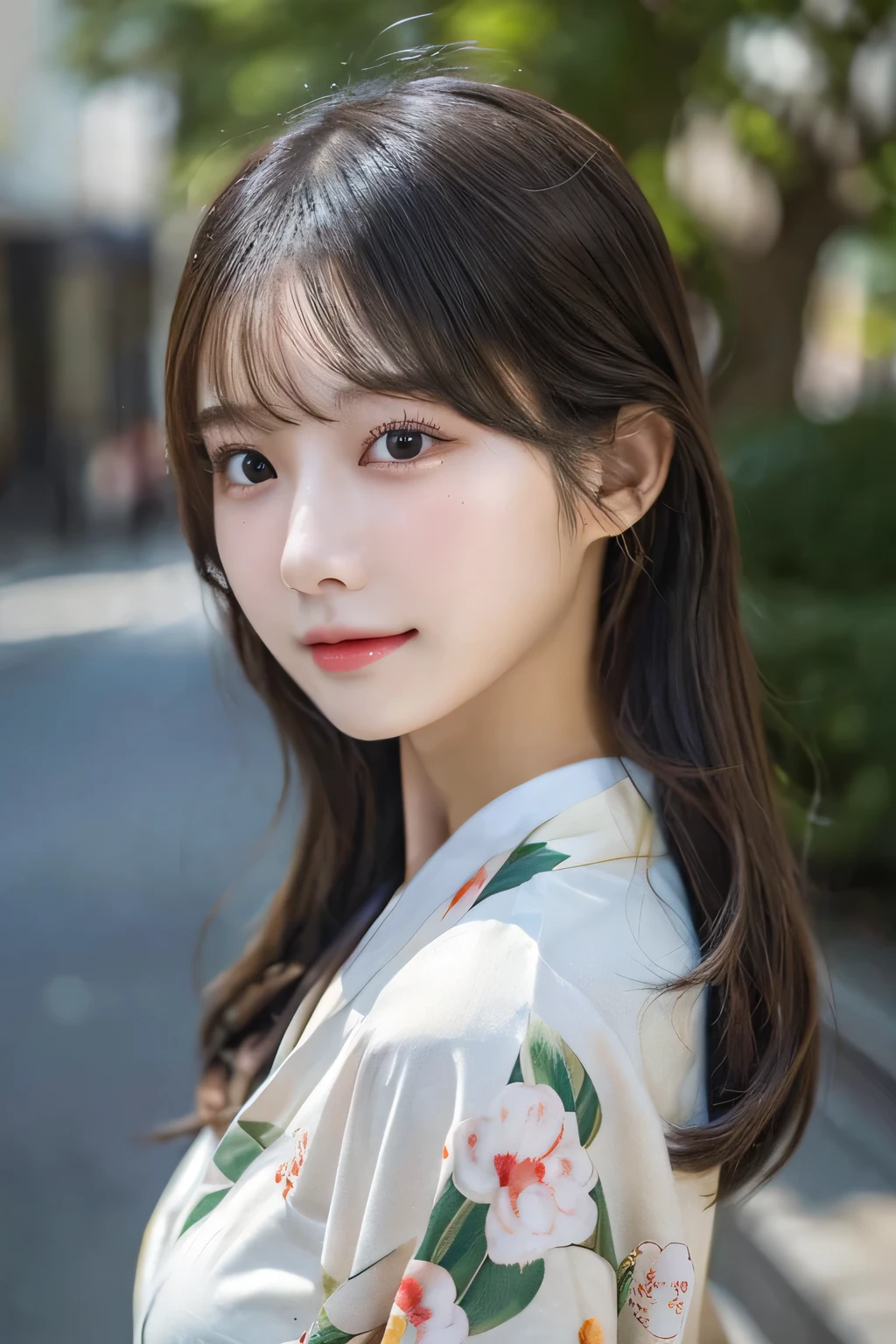 (kimono)、(top-quality,masterpiece:1.3,超A high resolution,),(ultra-detailliert,Caustics),(Photorealsitic:1.4,RAW shooting,)Ultra-realistic capture,A highly detailed,High resolution 16K human skin close-up。 Skin texture is natural、,The pores are、Must be detailed enough to be easy to identify。 Skin should look healthy with even tones。 Use natural light and color,1人,japanes,23years old,kawaii,A dark-haired,Middle hair,,smil,Turn your body to the front,(front-facing view:1.2),,(、tear bags、solid bangs、best qualtiy、超A high resolution、depth of fields、chromatic abberation、、Wide range of lighting、Natural Shading、)、 Large Breasts,