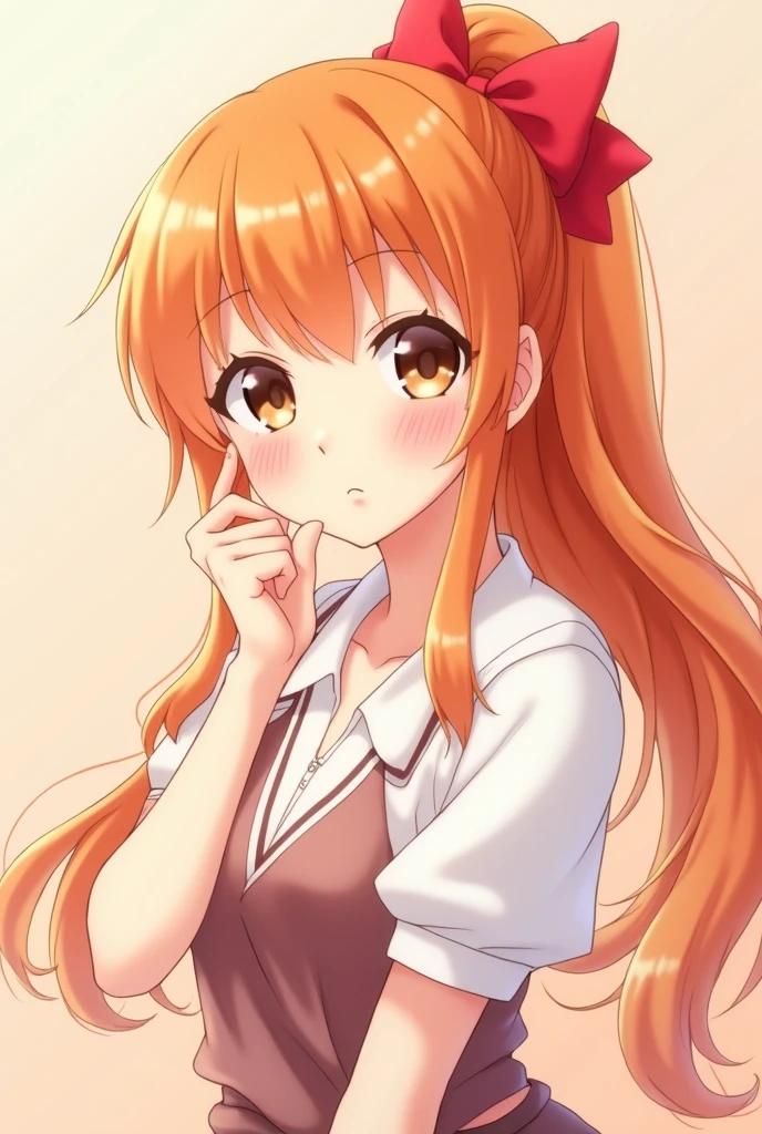 anime girl, orange hair, fringe, long ponytail and red bow
