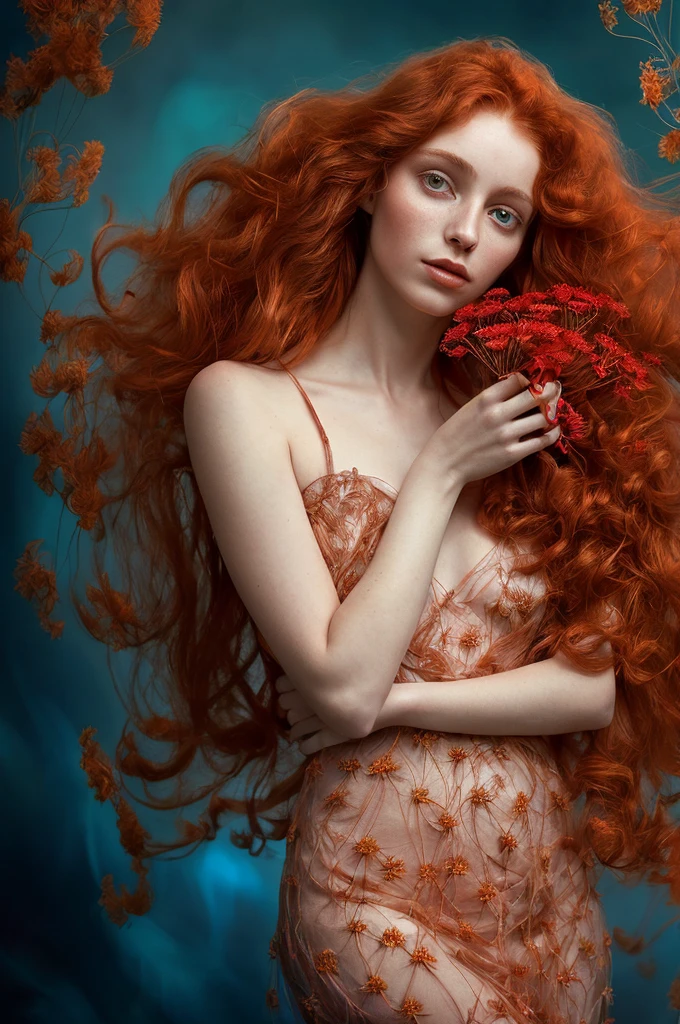 Fine art photography, analog photo a waist-length portrait, a skinny young woman with long hair wearing a sexy dress),(long ginger red curly wind floating hair),posing for fashion,(look to camera),(intricate flowers volumetric glowing abstract background:1.3), in the style of intimacy, dreamscape portraiture, solarization, shiny kitsch pop art, solarization effect, reflections and mirroring, photobash, (composition centering, conceptual photography),(extremely fine and beautiful),(perfect details), (detailed beautiful eyes:1.2),(beautiful face:1.2) ,detailed textures, photography, detailed photography,photoshadow, background rich in details, conceptual image,masterpiece, award winning photography,(intricate detailed of background)