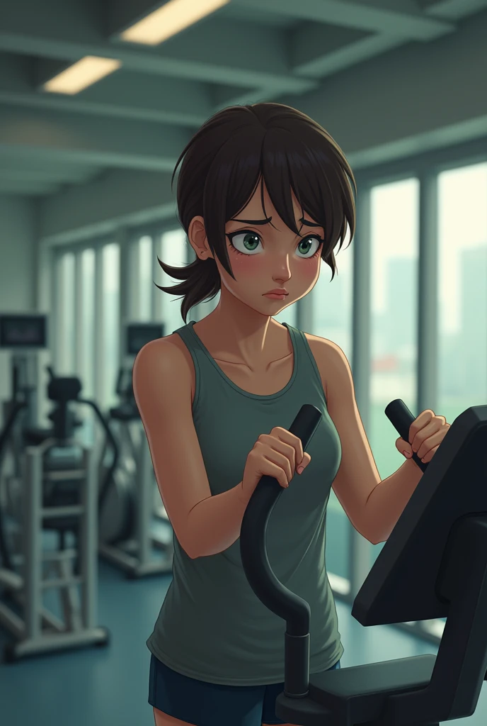 A very bored person exercising in a gym
