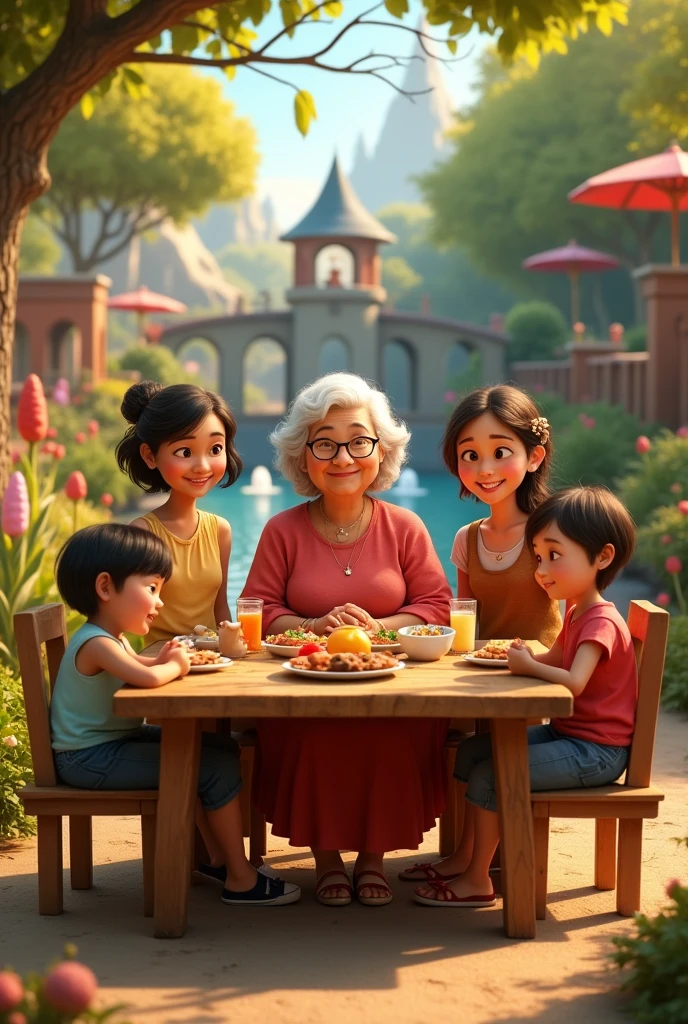 mama, table, two daughters, TWO GRANDCHILDREN, TWO VISNIETOS IN A PIXAR STYLE PARK