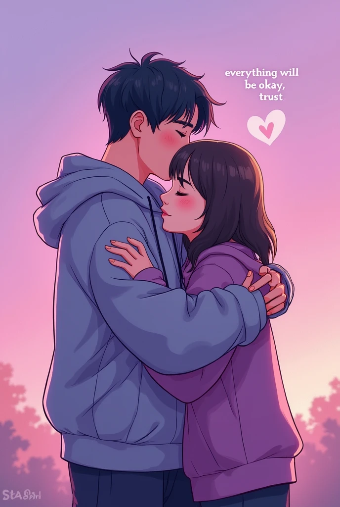 Cartoon drawing of BTS Suga hugging Army and with the message that everything will be okay, trust. done in purple colors and showing the faces in profile