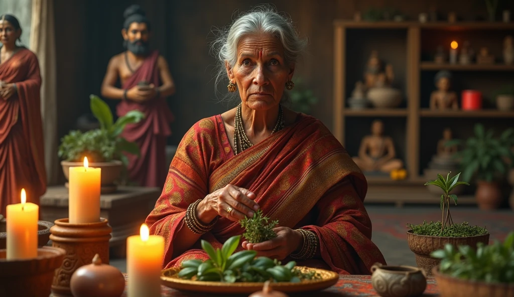 Create an ultra-realistic image of a traditional Indian faith healer woman looking straight ahead , 60 years old dressed in exquisite clothes. She is performing a blessing ritual. The healer holds a bundle of herbs, like rue and basil, In your hands. His expression is serene and focused as he performs the ritual.. in the background candles, aromatic herbs, various saints