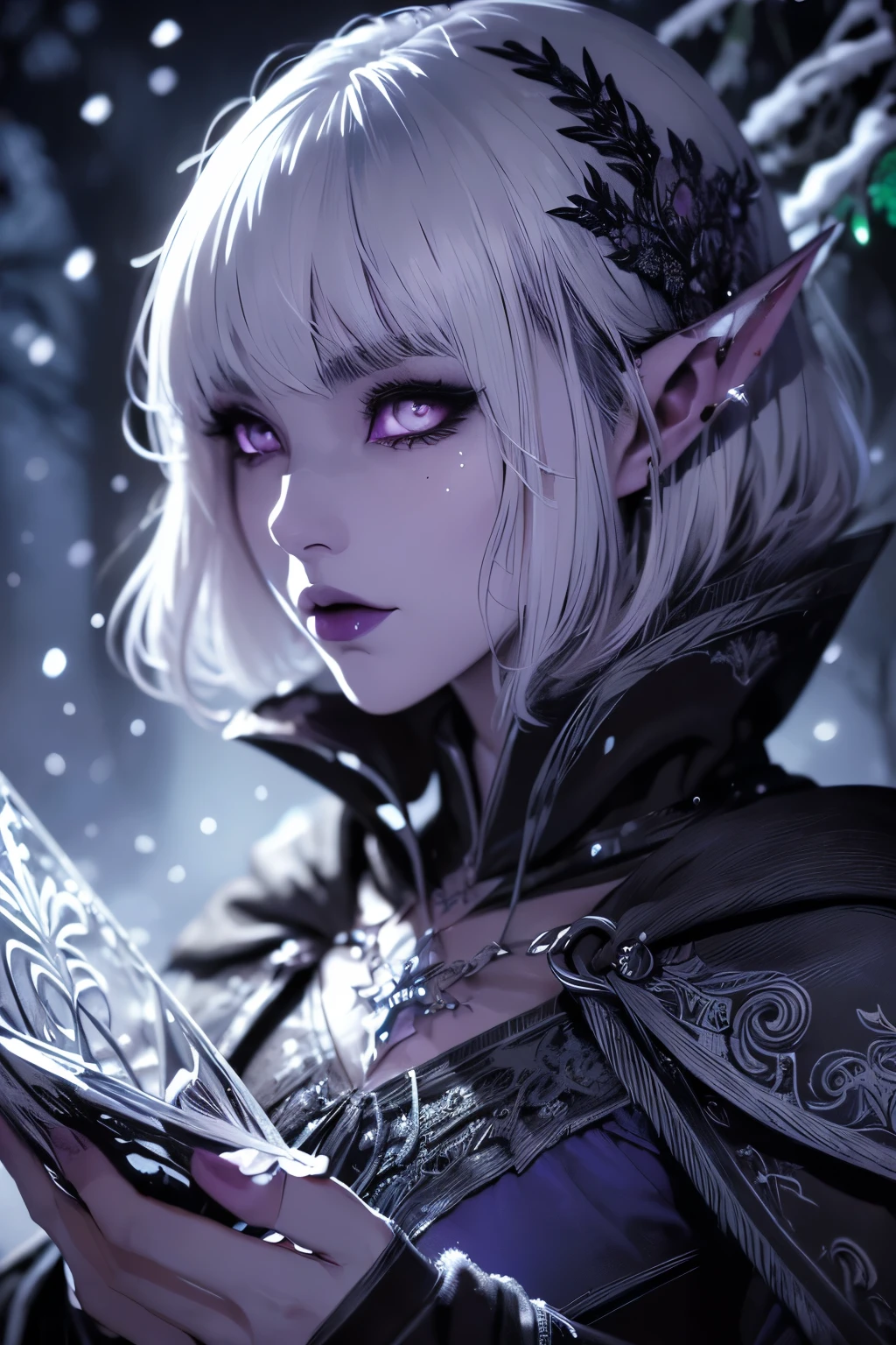 (Ultra-detailed face, looking away, Fantasy Illustration with Gothic, Ukiyo-e, Comic Art, Rich colors), 
BREAK 
(A female dark elf ranger is being attacked by multiple ice skeleton warriors in the midst of a heavy snowfall. She lowers herself with a shortsword, both hands glowing blue-white with cold-enhancing magic, and turns around and side-swipes the ice skeleton warriors with her sword.), 
BREAK 
(This is the extreme cold of the north. The trees in the forest have turned to ice, the starlust is falling, and the air is so cold that it glistens. Snow continues to fall and fresh snow piles high in the air.), 
BREAK 
(DarkElves: A middle-aged dark elf woman with silver color hair, blunt bangs, bob cut and dark purple color skin, lavender color eyes.), 
BREAK 
(DarkElves: A female dark elf ranger wears a full plate of mithril with runic reliefs and a short green cape.)