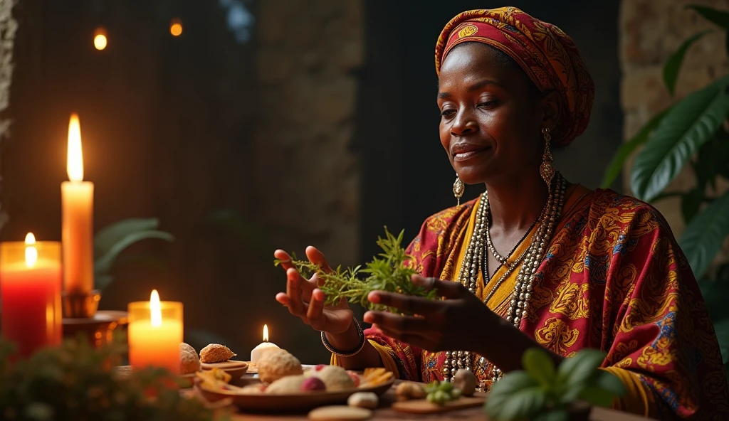 Create an ultra-realistic image of a traditional African faith healer woman looking straight ahead , 60 years old dressed in exquisite clothes. She is performing a blessing ritual. The healer holds a bundle of herbs, like rue and basil, In your hands. His expression is serene and focused as he performs the ritual.. in the background candles, aromatic herbs, various saints