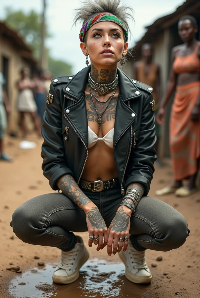 russian milf woman, grey  hair (high pouf pompadour, shaved sides), colourful bandana as headband, with very light blue eyes, extremely pale skin. No tan. All neck tattooed. Hands and forearms all tattooed in colour .Tighs all tattoed in colour. Wearing cropped aged black moto jacket with lots of zippers and pins, flipped up collar. skinny dark low rise blue jeans. White push up bikini. Dirty White tennis sneakers. Chain around hips like belts. Dirty knees, dirty feet and muddy hands. Wide studded belt. Squatting on a puddle with hands on her hips, looking up, chin up, stretching her neck , humble facial expression.  Black nail polish. studded black leather tote bag with chain on the floor, next to her.. Listening looking up in amazement to somebody speaking to her from the sky, upper teeth visible. Well toned abdominals, thin neck, slim legs and thin arms. Narrow hips Cleavage, stomach, neck, tigh and hands completely covered with tattoos. Dirt street in Kenyan village full of waste. Lots of silver bracelets, silver pendants and collars around all the beck. A lot of tanned fat women  in traditional dresses around looking at her. next to her, all her belongings scattered on the floor: tobacco packs, makeup kit, little makeup mirror, studded black leather tote bag, lipstick, wallet, moble etc on the floor, point of view; from above