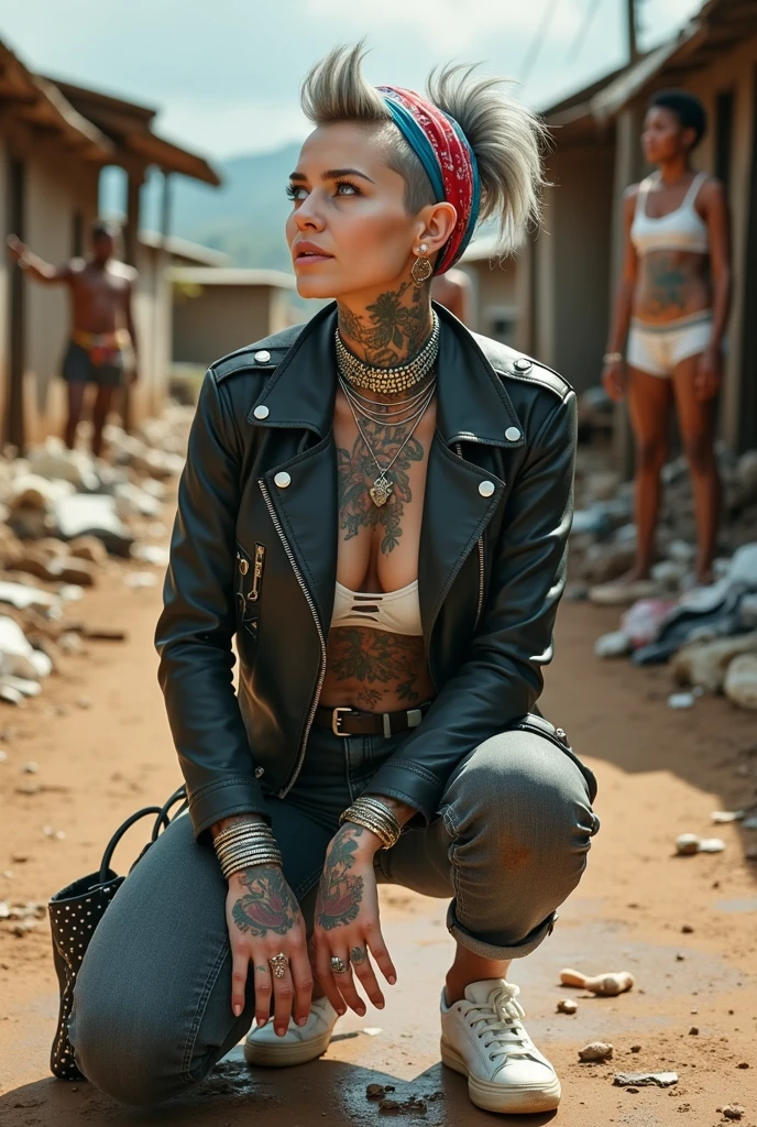 russian milf woman, grey  hair (high pouf pompadour, shaved sides), colourful bandana as headband, with very light blue eyes, extremely pale skin. No tan. All neck tattooed. Hands and forearms all tattooed in colour .Tighs all tattoed in colour. Wearing cropped aged black moto jacket with lots of zippers and pins, flipped up collar. skinny dark low rise blue jeans. White push up bikini. Dirty White tennis sneakers. Chain around hips like belts. Dirty knees, dirty feet and muddy hands. Wide studded belt. Squatting on a puddle with hands on her hips, looking up, chin up, stretching her neck , humble facial expression.  Black nail polish. studded black leather tote bag with chain on the floor, next to her.. Listening looking up in amazement to somebody speaking to her from the sky, upper teeth visible. Well toned abdominals, thin neck, slim legs and thin arms. Narrow hips Cleavage, stomach, neck, tigh and hands completely covered with tattoos. Dirt street in Kenyan village full of waste. Lots of silver bracelets, silver pendants and collars around all the beck. A lot of tanned fat women  in traditional dresses around looking at her. next to her, all her belongings scattered on the floor: tobacco packs, makeup kit, little makeup mirror, studded black leather tote bag, lipstick, wallet, moble etc on the floor, point of view; from above