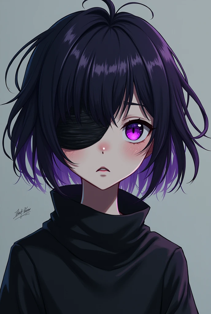 anime, Girl with short hair and purple tips, with one purple eye and one missing eye covered with black bandages, and with clothes covering his body and a few wounds on his face 