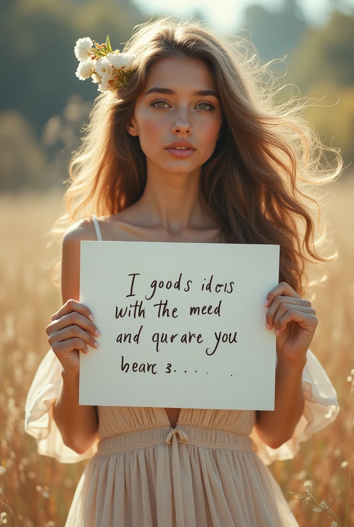 Beautiful girl with wavy long hair, bohemian dress, holding a white board with text "I Love Seaart Infinity" and showing it to the iewer