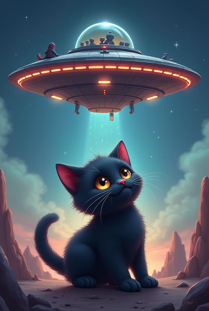 Cute black cat being abducted by a spaceship