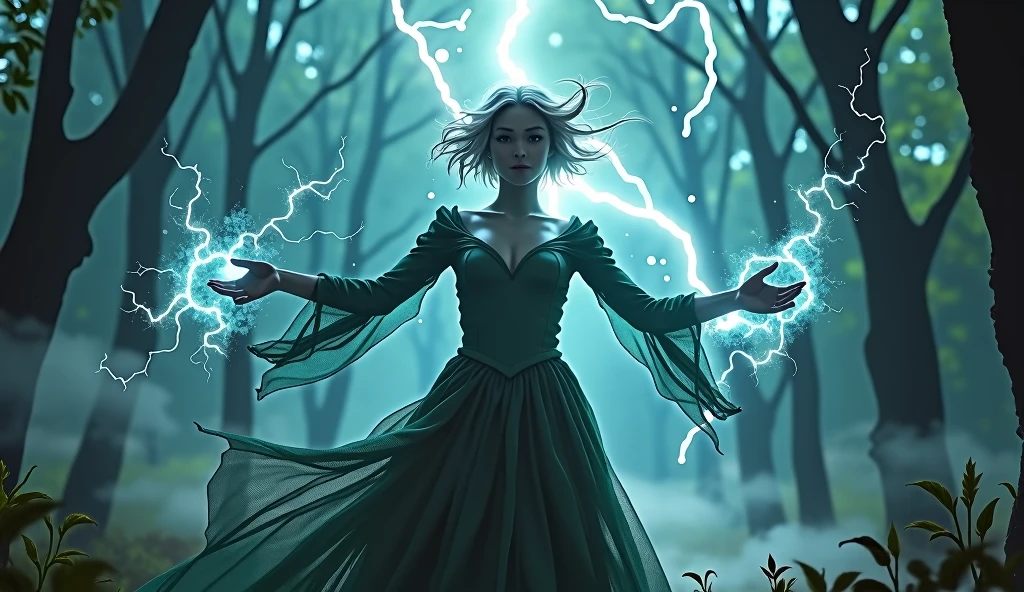Wallpaper of a very beautiful witch with very pretty eyes, standing in forest facing towards camera with short open hair and open arms getting power from the sky. Very dense and heavy smoke and lighting strikes in the background. Ultra high definition, very detailed, elegant, fantasy.