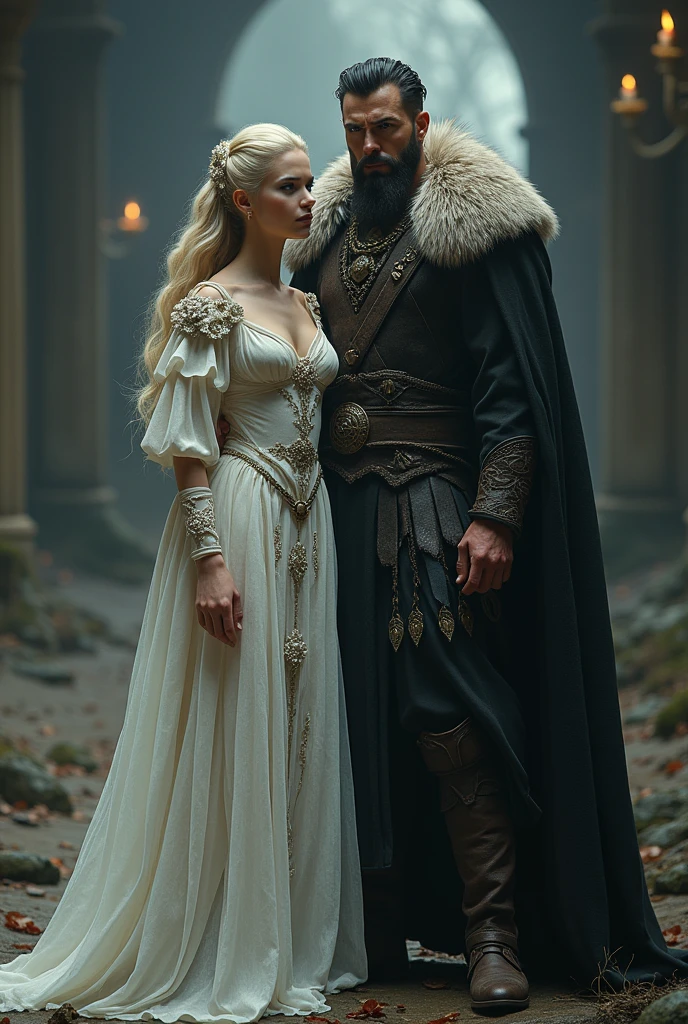 A Viking Jarl, bearded man dressed in black with a large, muscular build, attractive and with the bearing of a king and short hair and a small love witch, Blonde and very beautiful with a doll face dressed in white with a very young and tender appearance