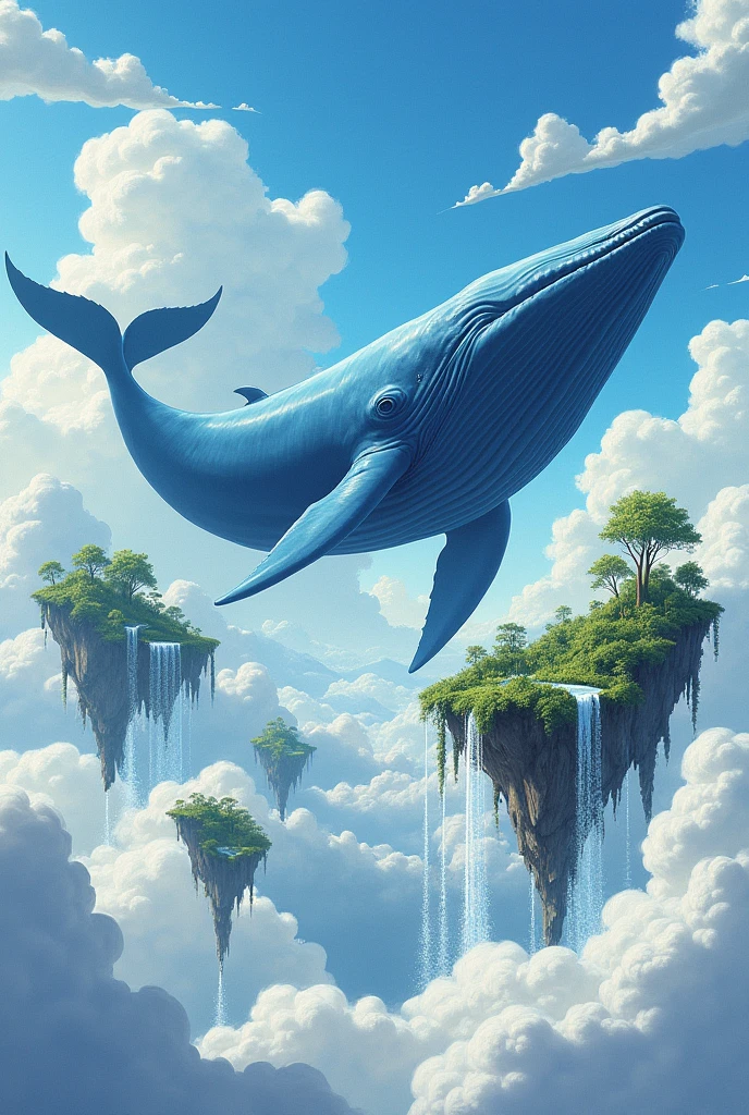 create a drawing, A4 size, of a fantastic and surreal scene in a sky full of clouds. At the center, a huge blue whale floats with others in the background. Around her, several floating islands covered in vegetation suspended in the air, each with gently falling waterfalls .