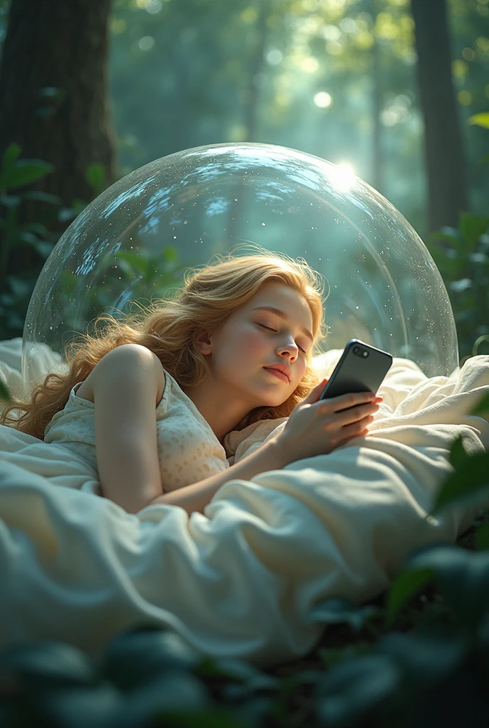 sleeping beauty sleeping with a smartphone and around her a bubble covering her