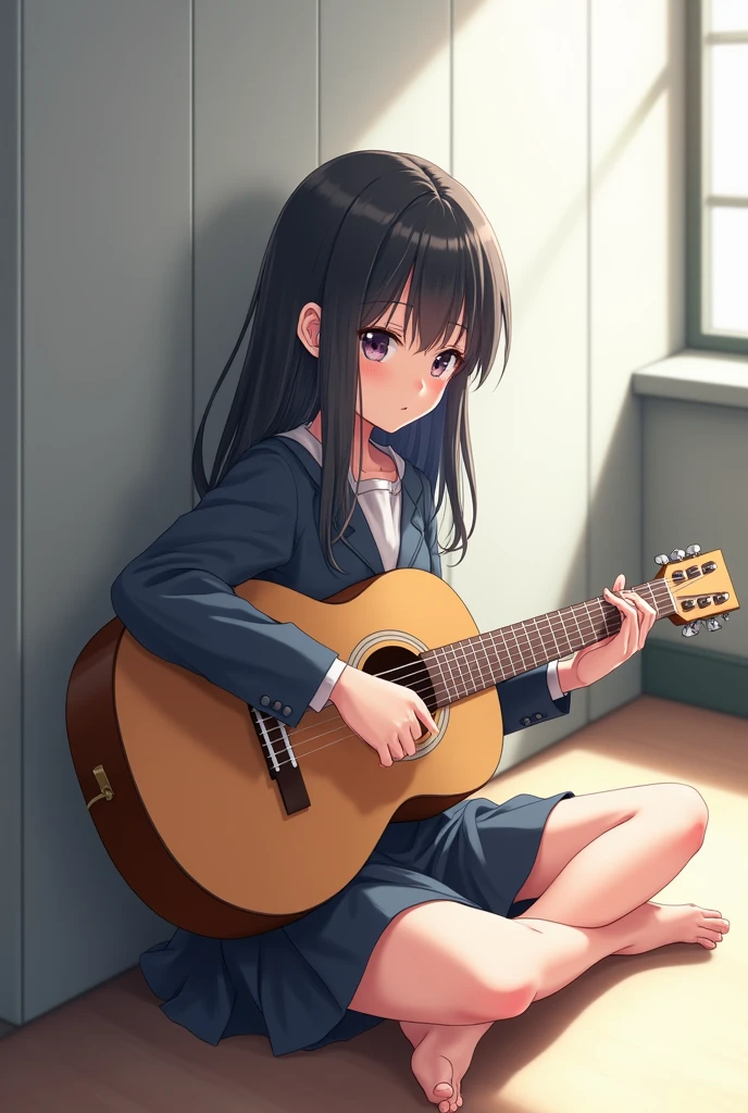 Pretty anime teen girl in school uniform with long dark hair sitting on the floor with a guitar.