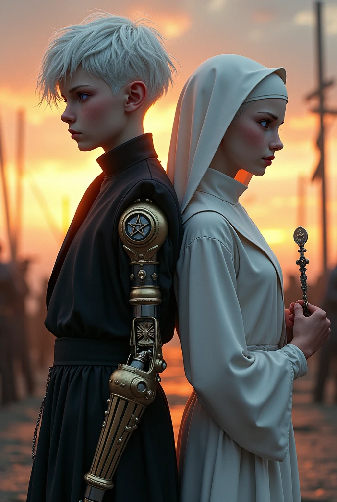 Two pale middle-aged teenagers back to back with violet eyes and white hair, with the one on the left with short white hair in dark alchemist clothes and with the left arm with a steampunk prosthesis with a pentagram raised, and the one on the right in white nun&#39;s clothes with a rosary, at sunset with an execution at the stake in the middle behind 