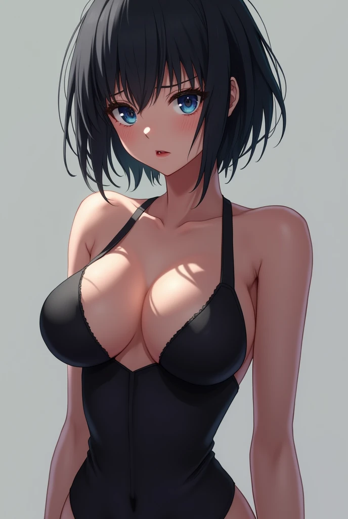 Sexy anime girl with short black hair and dark blue eyes wearing black revealing clothes standing and showing her big sexy breasts