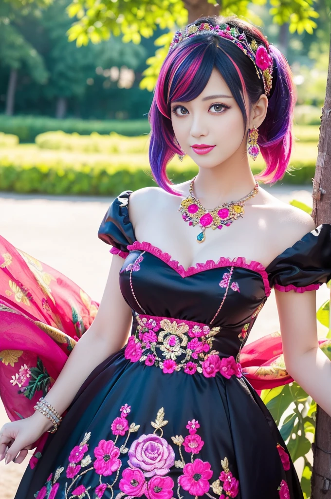 (masterpiece:1.4), (best quality:1.4), ultra high res, ultra high resolution, ((detailed facial features)), HDR, (realistic, photorealistic, photo-realistic:1.37), full body Esbian, sexy swedish model, (-anime), only 1 model, vivid colors, ((vivid colors multicolor (fuchsia, pink, red, purple) very short hair)), beautiful smile, lip-gloss, long lashes, defined eyebrows, wearing large sparkling colorful jewelery, wearing a red silk Paradise Kiss cosplay dress with black floral embroidery, ((vivid colors outfit)), vivid colors, look at the camera, cinematic light, large park background with trees, sweet and sexy pose