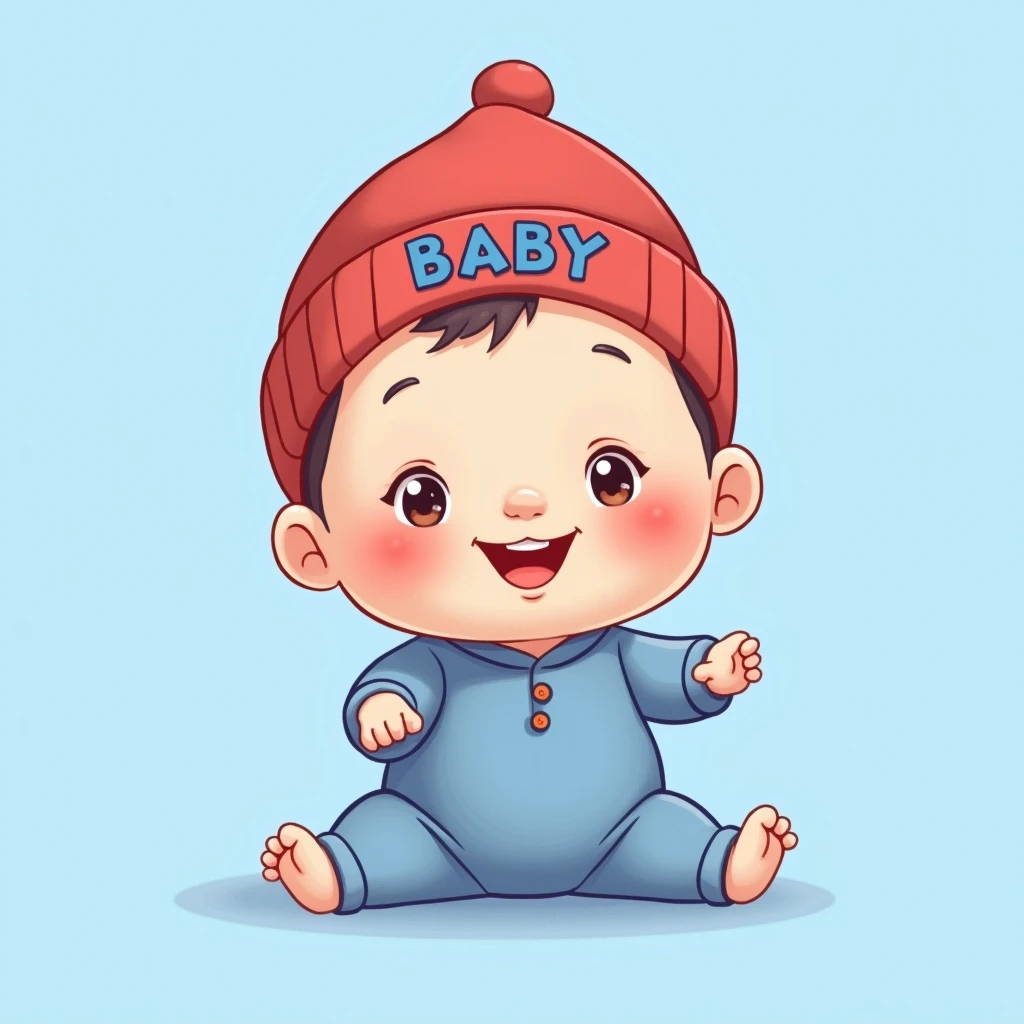 Baby povel durov , Telegram logo , cute , background light blue , red hat , BABY written on the hat in capital letters , in blue clothes  
