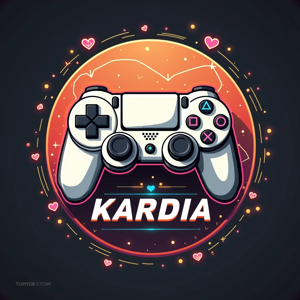 Logo with the name Kardia, with video game theme and playstatio 4 controller, back ground azul