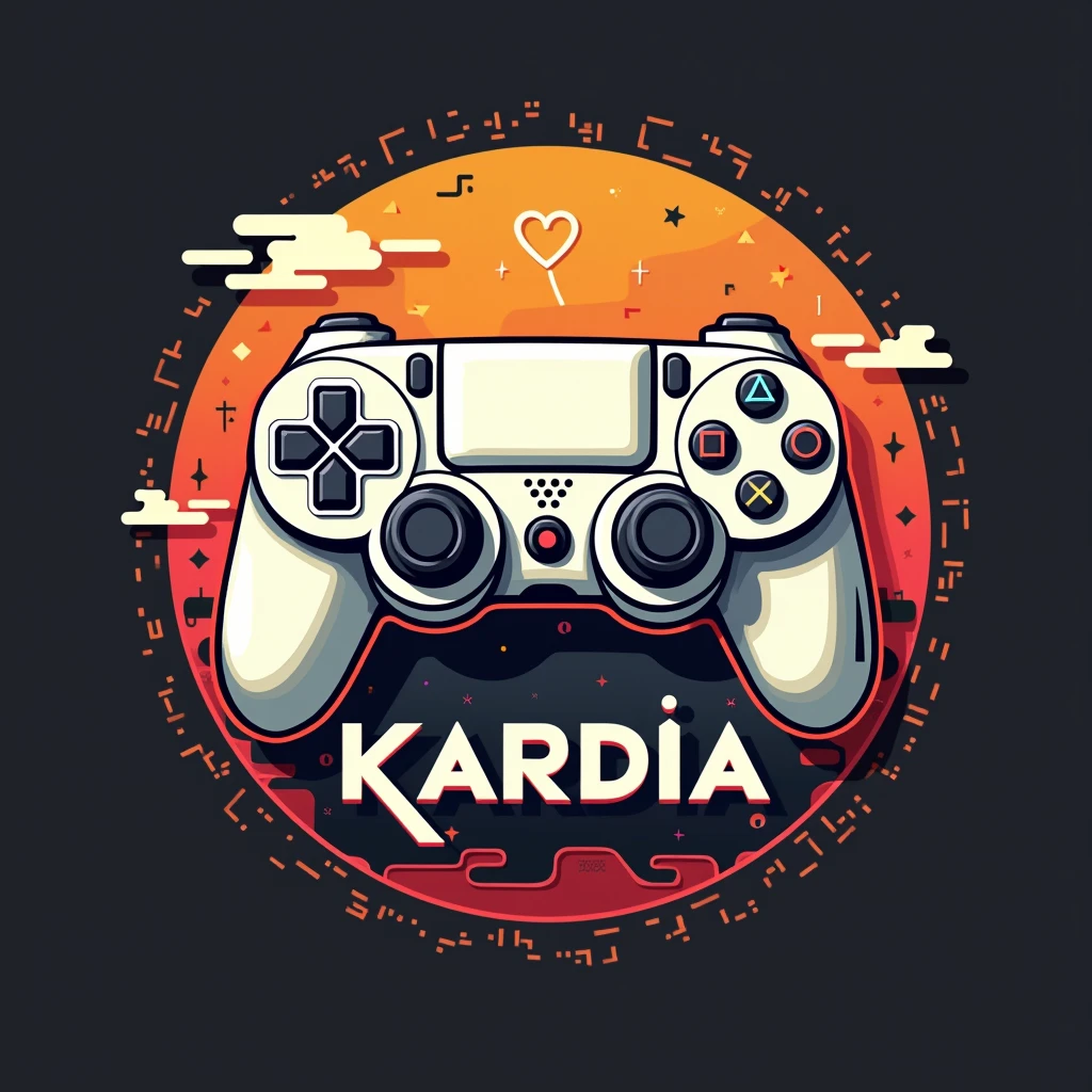 Logo with the name Kardia, with video game theme and playstatio 4 controller, back ground azul