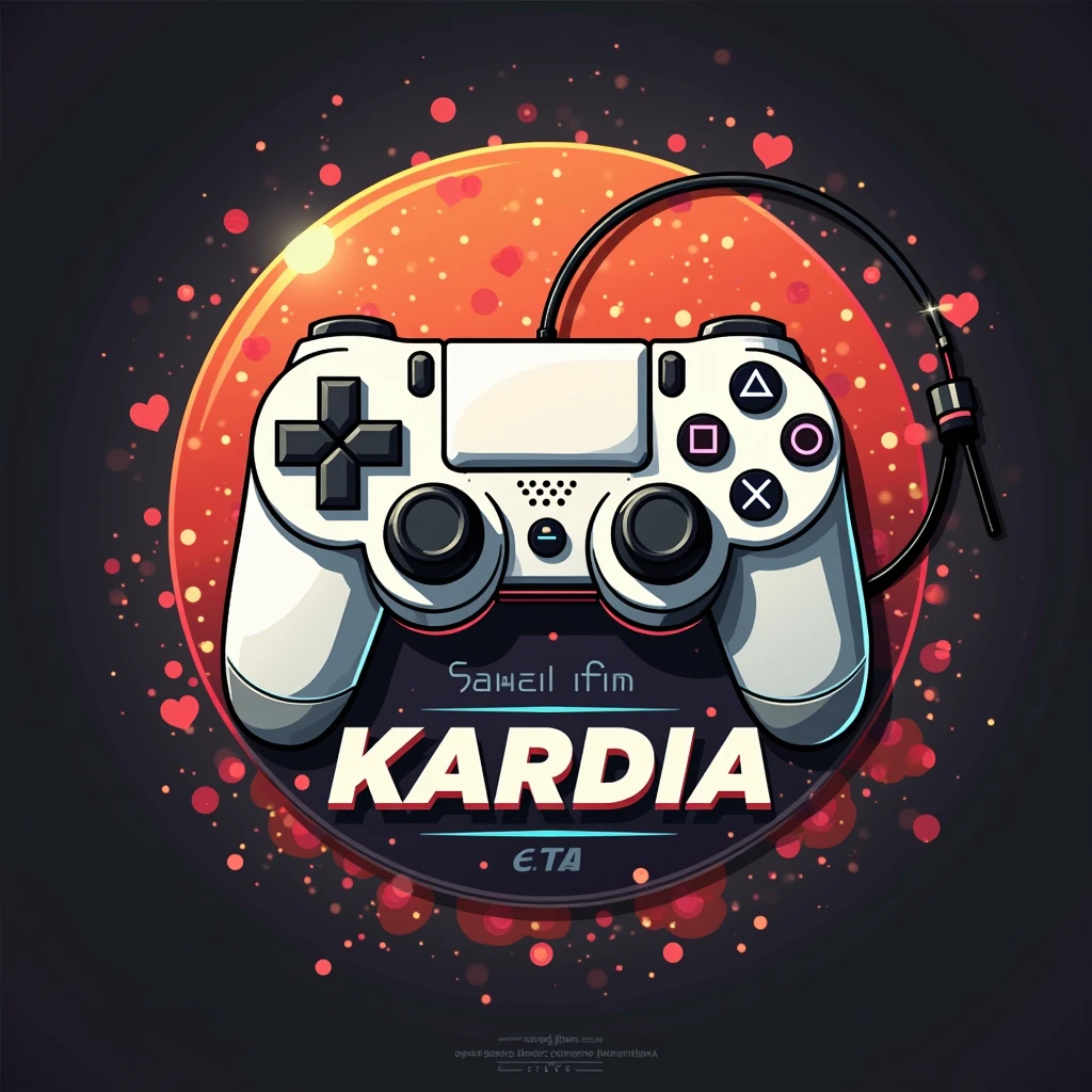 Logo with the name Kardia, with video game theme and playstatio 4 controller, back ground azul