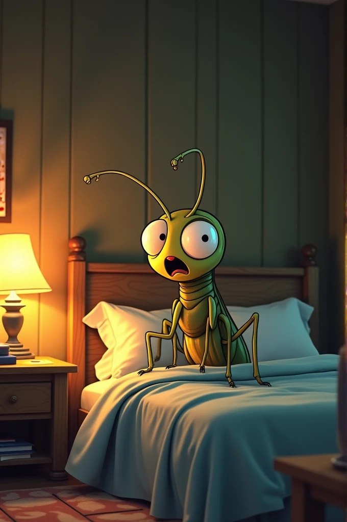 insect waking up in his bed scared and crying, animated for a comic 