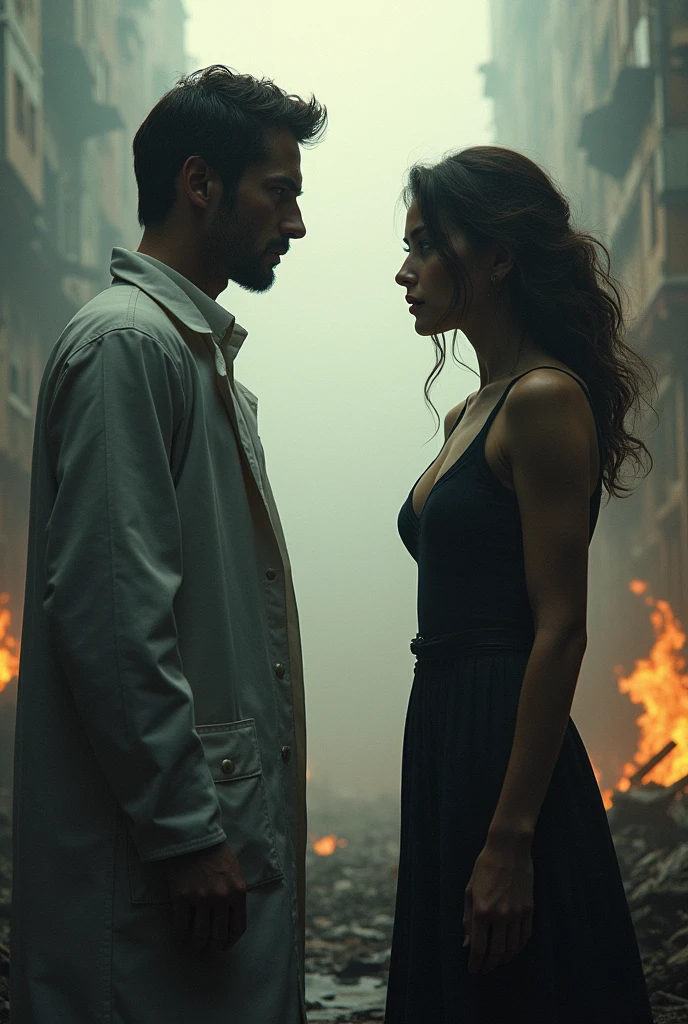Scientist meeting a woman while everything is in chaos