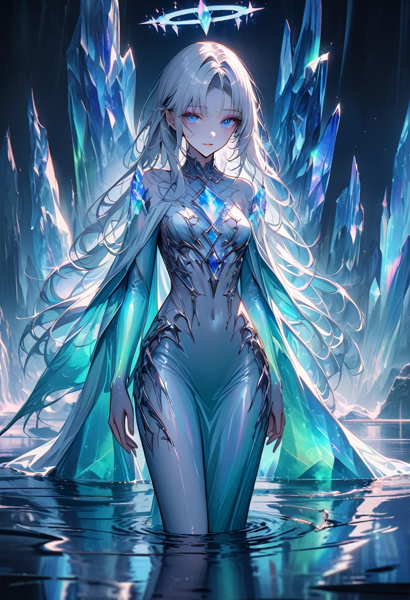 solo, female, statuesque figure, silver hair, long hair, billowing emerald robes growing from her skin, luminescent iridescent gemstones, gemstone on shoulder, glowing blue eyes, vast crystal structures, blue sky, calm lake, walking on water, calm expression, glowing silver halo, otherworldly landscape, aurora borealis, patter iris, magic, tiny waist, floating, crystal hair, glass skin, ethereal being, lonely, close up