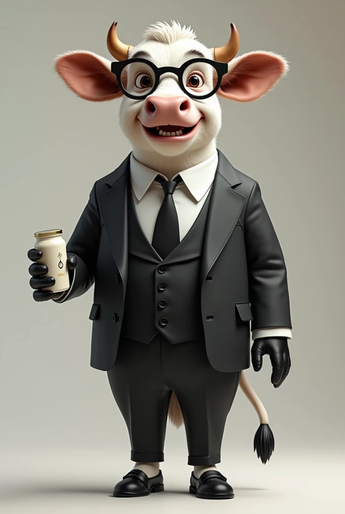 A cow standing on 2 legs, He is smiling, dressed in a black and white suit, with black leather gloves, with black round glasses, holding a bottle of yogurt in his right hand.