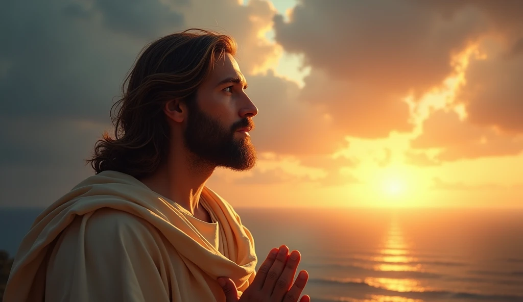 An image of Jesus looking at the horizon, with a hopeful countenance, as if calling others to resist temptations. The sky clears up, symbolizing hope and faith.