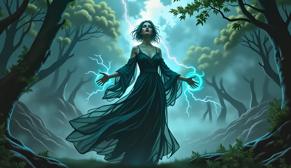 Wallpaper of a very beautiful witch standing in forest facing towards camera with short open hair and open arms getting power from the sky. Very dense and heavy smoke and lighting strikes in the background.