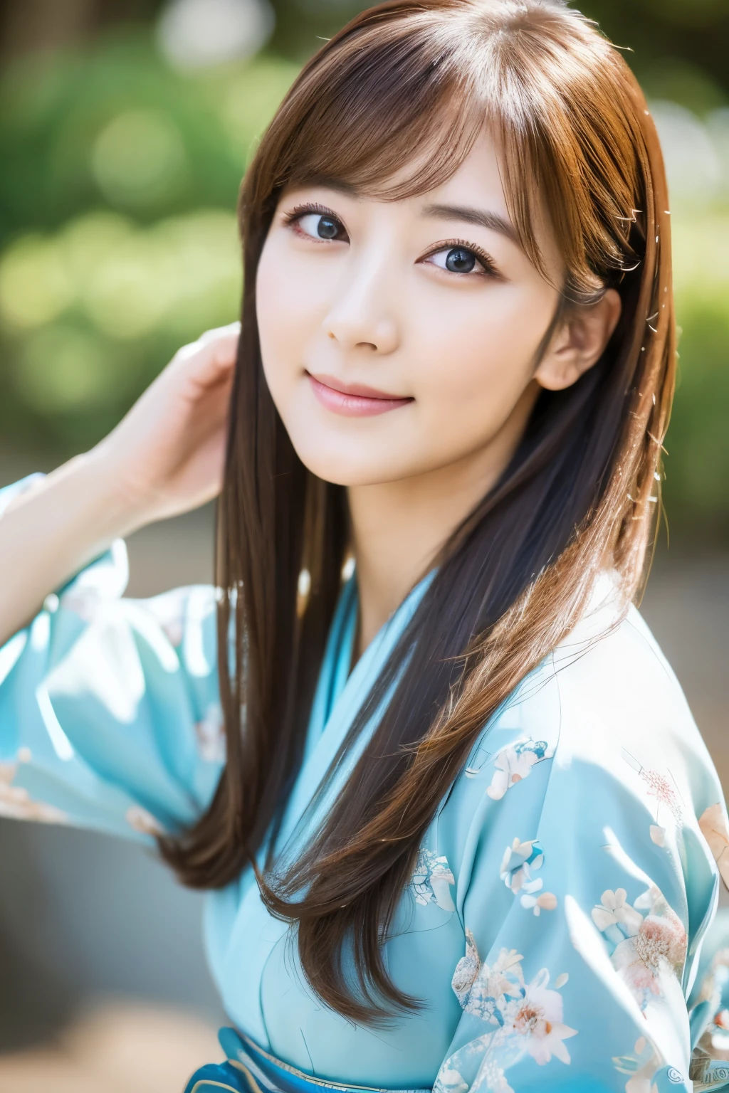 (best quality,highres,ultra-detailed),((portrait )),1beautiful Japanese lady,beautiful detailed eyes,beautiful detailed lips,extremely detailed face,longeyelashes,soft smile,flowing hair,natural lighting, wearling japanese elegant Kimono,