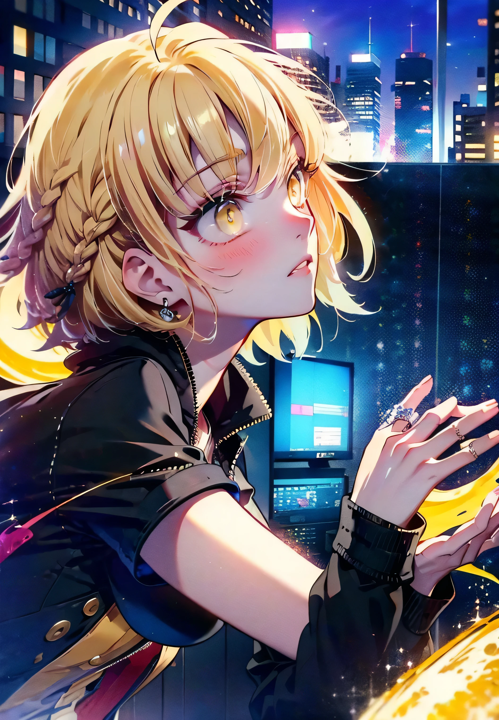 (masterpiece), (HDR), absurdres, (best quality), (ultra high quality), (hi-res), (((sitting))), head tilt, (1girl), solo, alone, mature, ModernCloth, Shinjuku, (yellow eyes), short hair, beautiful detailed eyes, (((light blonde hair))), BREAK, dynamic poses, looking away from viewer, blush, city