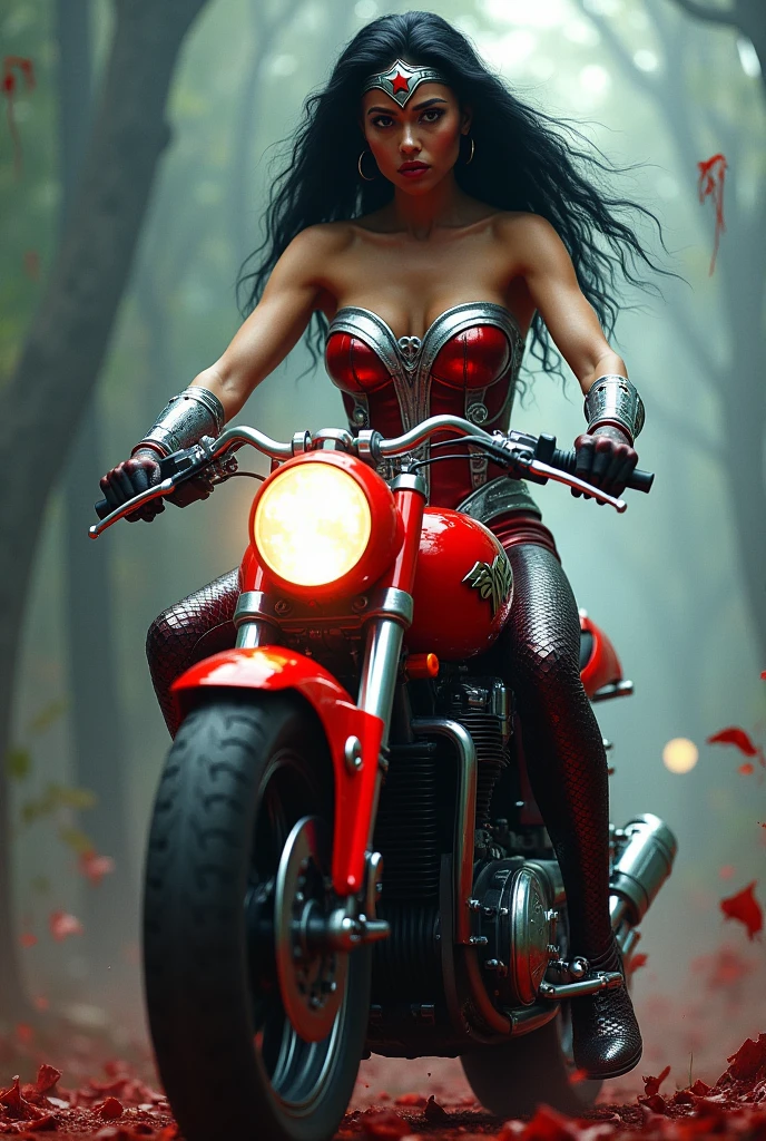 (((A beautiful woman riding a large, high-displacement futuristic motorcycle Light blue one-piece suit with scales Red Wonder Woman corset Long black hair Silver metal headband with a red star on her forehead Long silver bracelets Blood around her Cursed cemetery Bloody and terrifying images High-displacement red motorcycle with Wonder Woman logos))) 