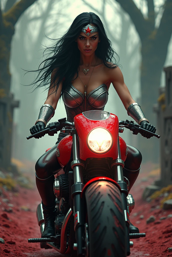 (((A beautiful woman riding a large, high-displacement futuristic motorcycle Light blue one-piece suit with scales Red Wonder Woman corset Long black hair Silver metal headband with a red star on her forehead Long silver bracelets Blood around her Cursed cemetery Bloody and terrifying images High-displacement red motorcycle with Wonder Woman logos)))