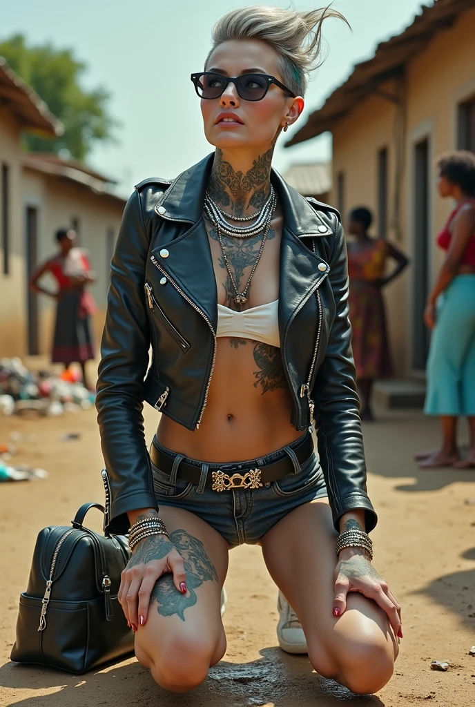 russian milf woman, grey  hair (high pouf pompadour, shaved sides), colourful bandana as headband, with very light blue eyes, extremely pale skin. No tan. All neck tattooed. Hands and forearms all tattooed in colour .Tighs all tattoed in colour. Wearing cropped aged black moto jacket with lots of zippers and pins, flipped up collar. skinny dark low rise blue jeans. White push up bikini. Dirty White tennis sneakers. Chain around hips like belts. Dirty knees, dirty feet and muddy hands. Wide studded belt. Squatting on a puddle with hands on her hips, looking up, chin up, stretching her neck , humble facial expression.  Black nail polish. studded black leather tote bag with chain on the floor, next to her.. Listening looking up in amazement to somebody speaking to her from the sky, upper teeth visible. Well toned abdominals, thin neck, slim legs and thin arms. Narrow hips Cleavage, stomach, neck, tigh and hands completely covered with tattoos. Dirt street in Kenyan village full of waste. Lots of silver bracelets, silver pendants and collars around all the beck. A lot of tanned fat women  in traditional dresses around looking at her. next to her, all her belongings scattered on the floor: tobacco packs, makeup kit, little makeup mirror, studded black leather tote bag, lipstick, wallet, moble etc on the floor, point of view; from above