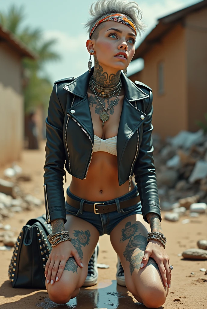 russian milf woman, grey  hair (high pouf pompadour, shaved sides), colourful bandana as headband, with very light blue eyes, extremely pale skin. No tan. All neck tattooed. Hands and forearms all tattooed in colour .Tighs all tattoed in colour. Wearing cropped aged black moto jacket with lots of zippers and pins, flipped up collar. skinny dark low rise blue jeans. White push up bikini. Dirty White tennis sneakers. Chain around hips like belts. Dirty knees, dirty feet and muddy hands. Wide studded belt. Squatting on a puddle with hands on her hips, looking up, chin up, stretching her neck , humble facial expression.  Black nail polish. studded black leather tote bag with chain on the floor, next to her.. Listening looking up in amazement to somebody speaking to her from the sky, upper teeth visible. Well toned abdominals, thin neck, slim legs and thin arms. Narrow hips Cleavage, stomach, neck, tigh and hands completely covered with tattoos. Dirt street in Kenyan village full of waste. Lots of silver bracelets, silver pendants and collars around all the beck. A lot of tanned fat women  in traditional dresses around looking at her. next to her, all her belongings scattered on the floor: tobacco packs, makeup kit, little makeup mirror, studded black leather tote bag, lipstick, wallet, moble etc on the floor, point of view; from above