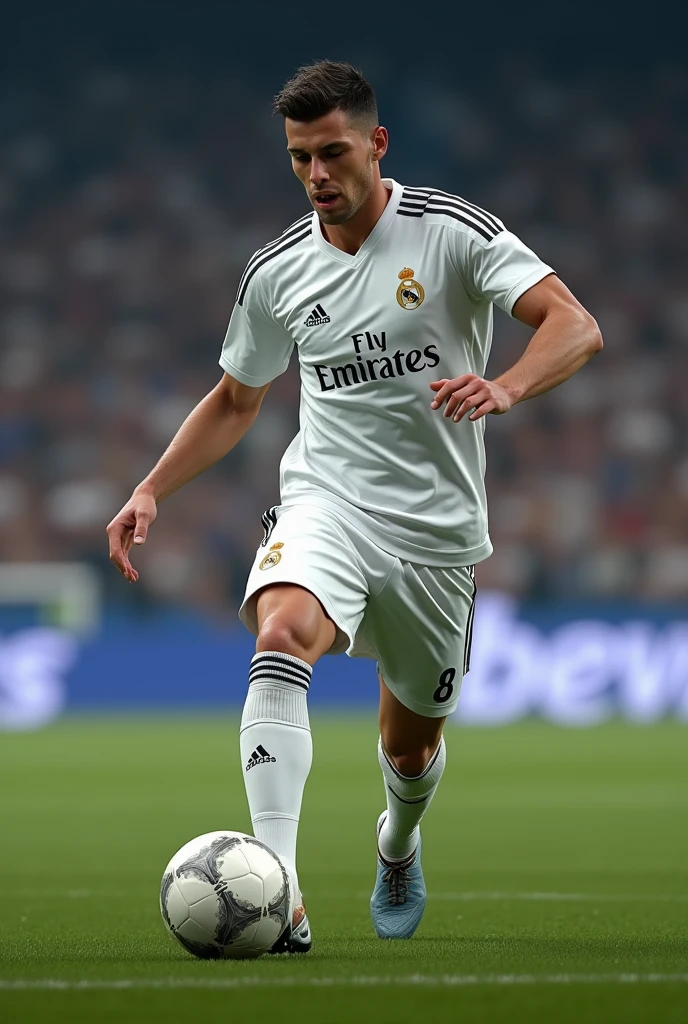 create an image of a man, wearing a Real Madrid shirt, with the name "Josué" number 8 (camera on the left side) and kicking the ball with his right leg (ultra realistic) (no beard)