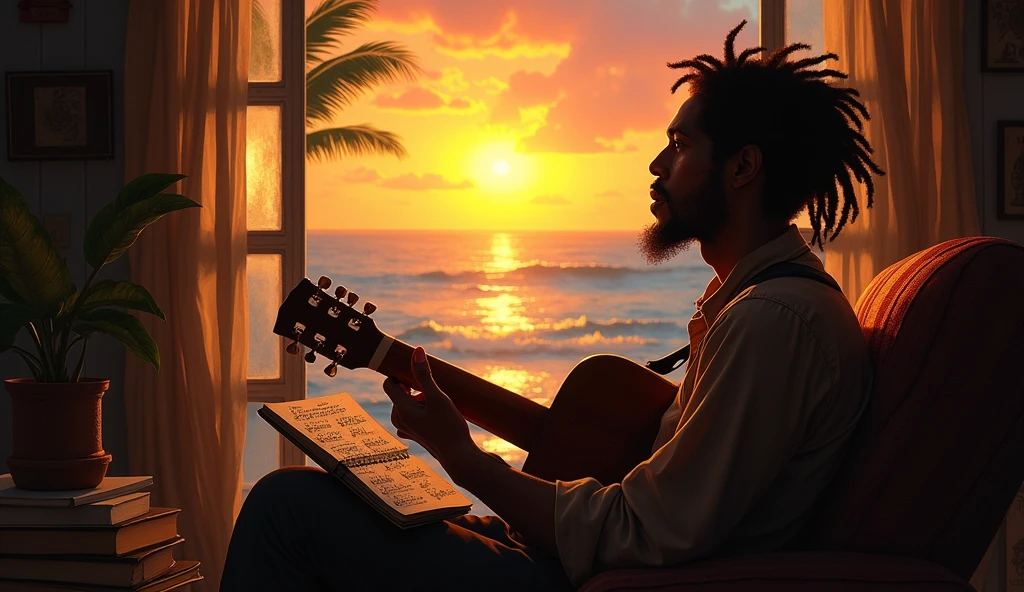 Bob Marley writing the song 'Redemption Song' at his home in Kingston, Jamaica, while watching the sunset over the sea. Shows his emotions and reflections while composing the lyrics