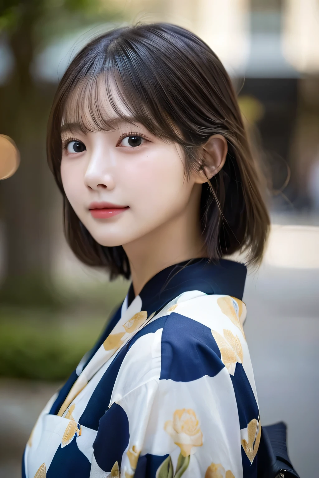 (kimono)、(top-quality,masterpiece:1.3,超A high resolution,),(ultra-detailliert,Caustics),(Photorealsitic:1.4,RAW shooting,)Ultra-realistic capture,A highly detailed,High resolution 16K human skin close-up。 Skin texture is natural、,The pores are、Must be detailed enough to be easy to identify。 Skin should look healthy with even tones。 Use natural light and color,1人,japanes,23years old,kawaii,A dark-haired,Middle hair,,smil,Turn your body to the front,(front-facing view:1.2),,(、tear bags、solid bangs、best qualtiy、超A high resolution、depth of fields、chromatic abberation、、Wide range of lighting、Natural Shading、)、 Large Breasts,