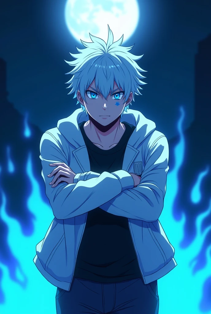 Blue-eyed albino ager measuring 1,90 who controls blue fire in full body anime style while lying on a pillar surrounded by blue fire while having his arms crossed with a serious look while his eyes glow a little in a square at night under the full moon with a scar on his right eye, with a white jacket and a good physique and looking forward and you can see the scar on his right eye and the pillar is behind him